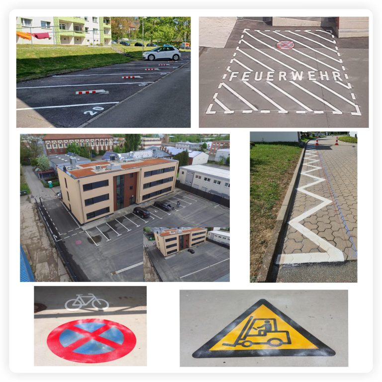 Parkplatzmarkierungen mit Stellplätzen, Sperrflächen, Feuerwehrflächen und Bodenkennzeichnungen aus verschiedenen Projekten