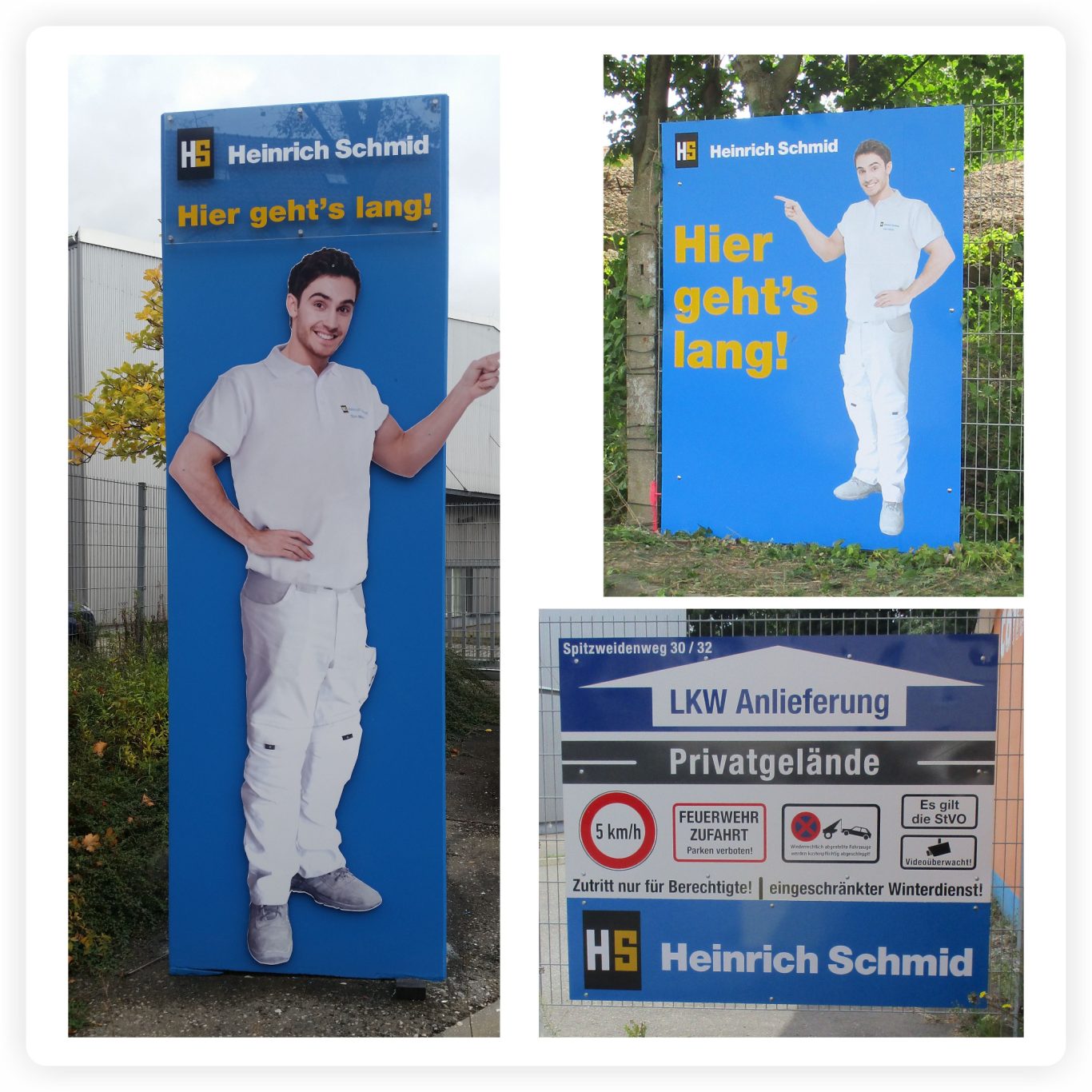 Firmenschilder und Wegweiser Individuelle Firmenschilder und Wegweiser mit konturgefräster Figur auf Abstandshaltern für ein Firmengelände