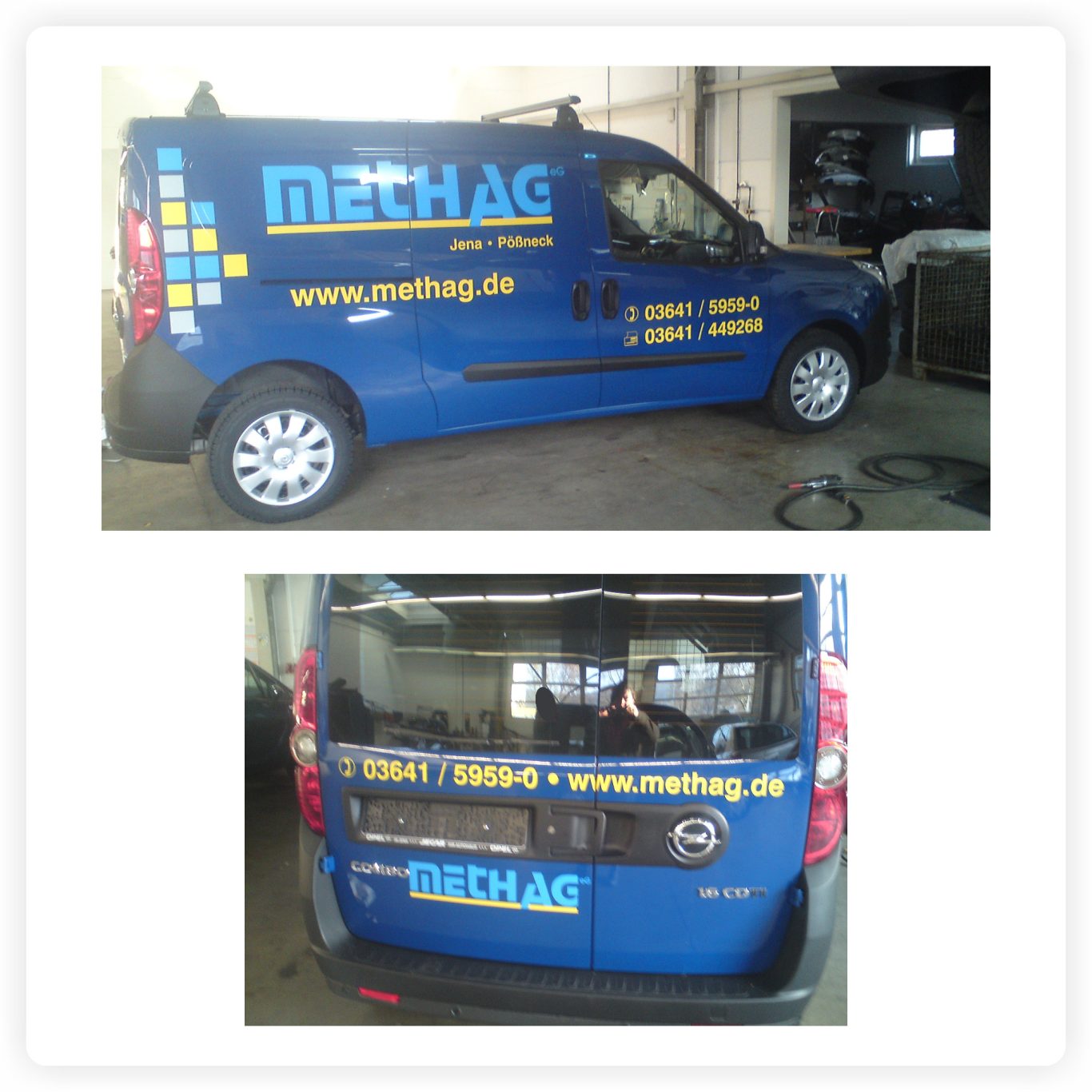 Transporter für METHAG Blauer Transporter mit großflächiger Firmenbeschriftung in Blau und Gelb sowie Logo, Website und Kontaktdaten.