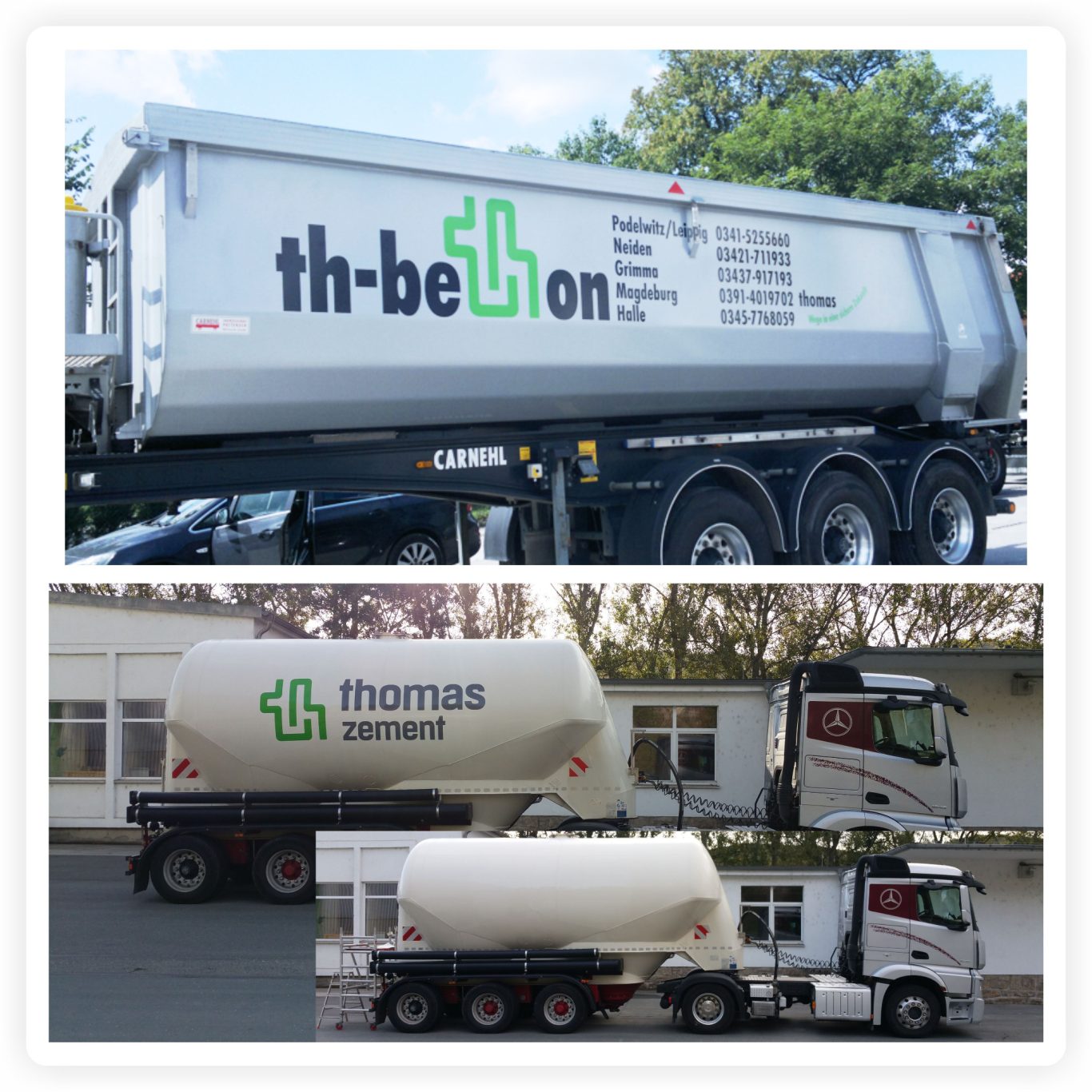 LKW-Auflieger mit Firmenbeschriftung Beschriftete LKW-Auflieger mit großflächigen Firmenlogos und Kontaktdaten auf den Aufbauten.