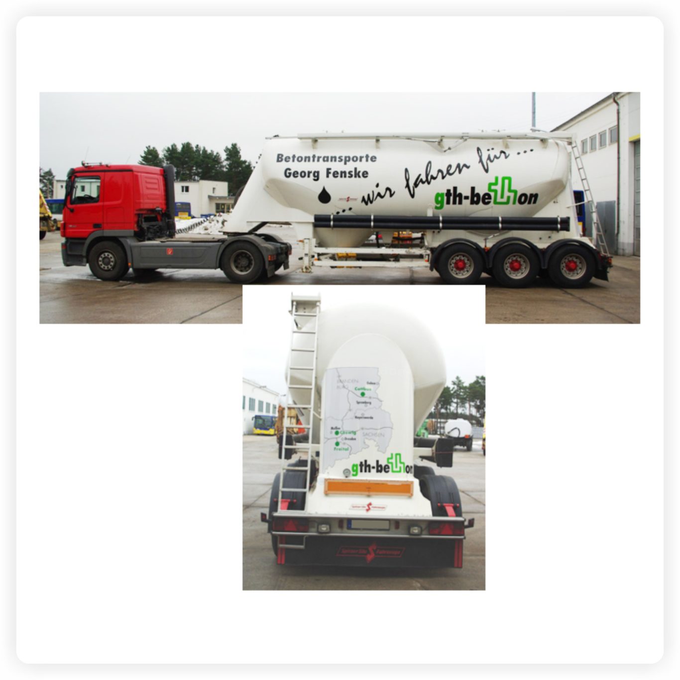 LKW-Beschriftung Betontransporte Sattelzug für Betontransporte mit großflächiger Firmenbeschriftung und Logo auf Silosattelauflieger.