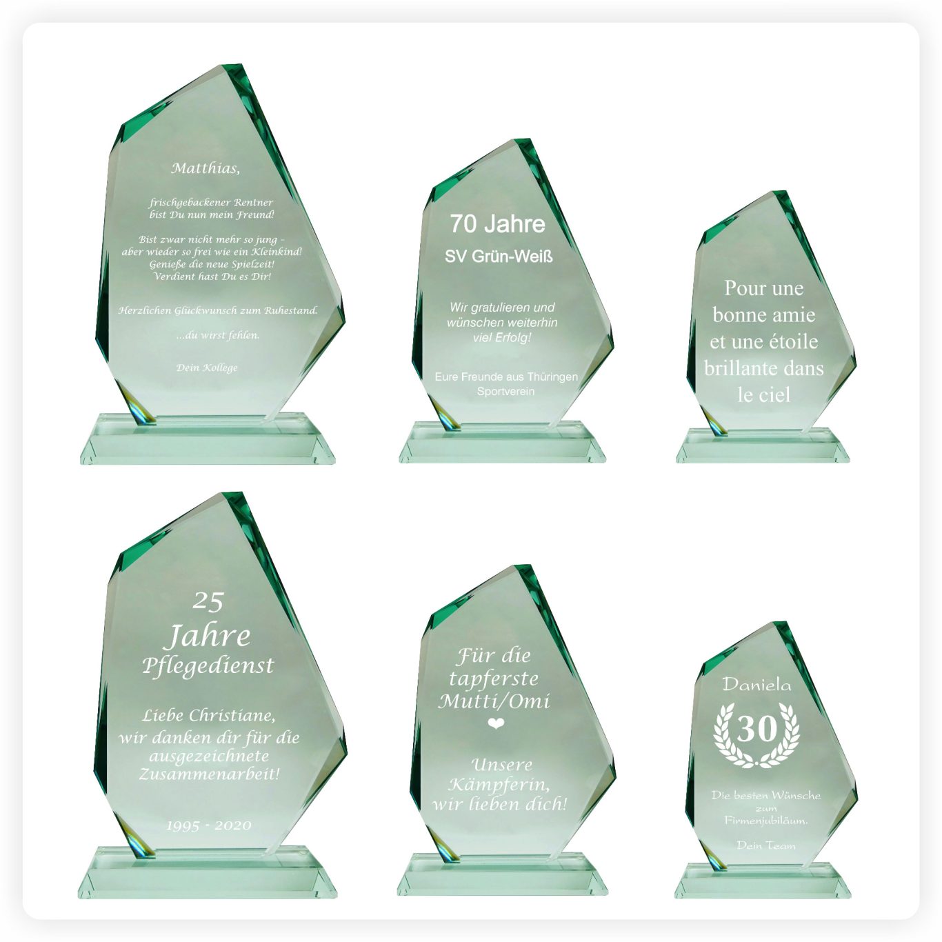 Glaspokal mit Gravur – Beispiele für individuelle Beschriftung Glaspokal mit individueller Gravur – Beispiele für Jubiläum, Verein und Ehrung