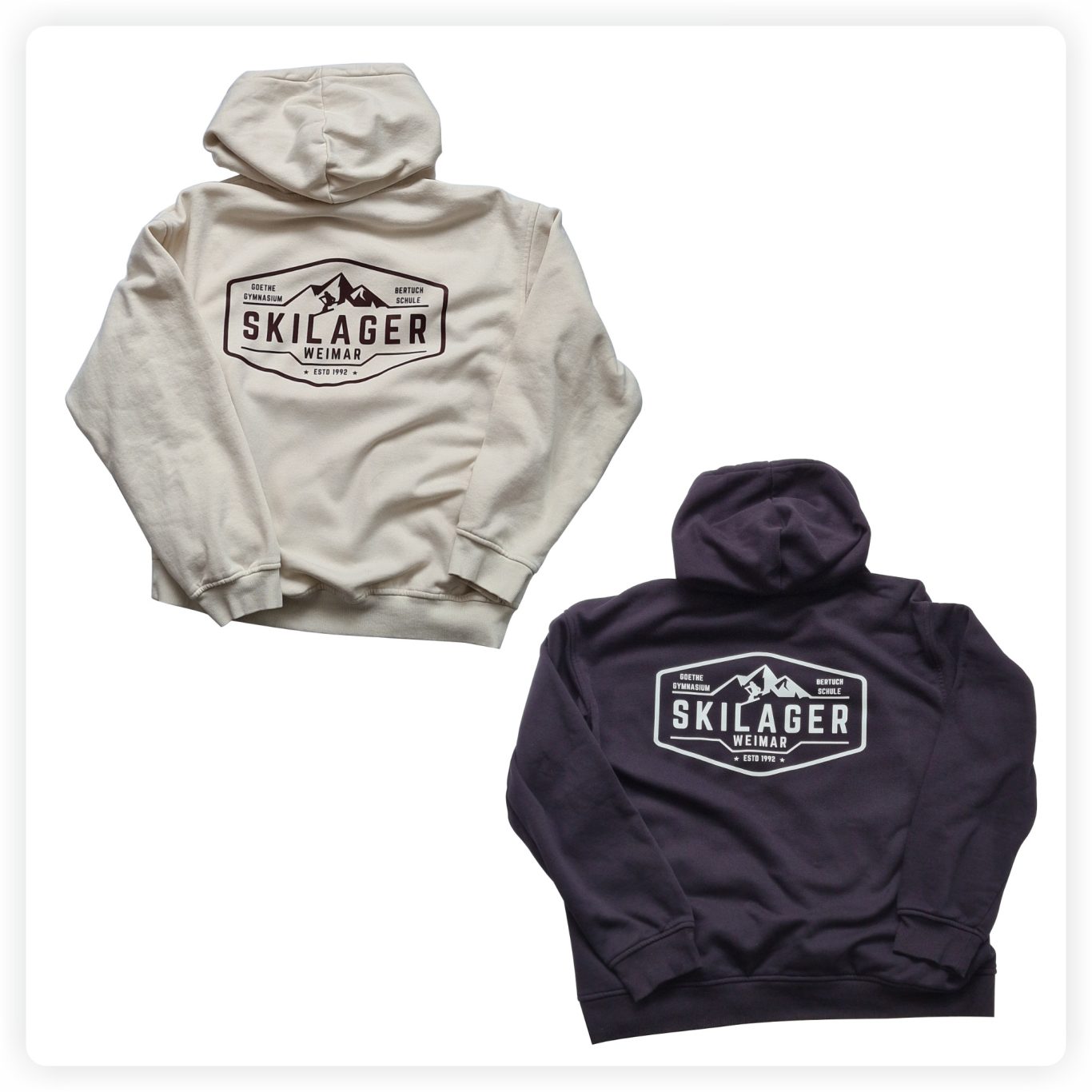 Hoodies mit individuellem Motiv Zwei Hoodies mit großem, individuell gestaltetem Rückenmotiv für ein Skilager.