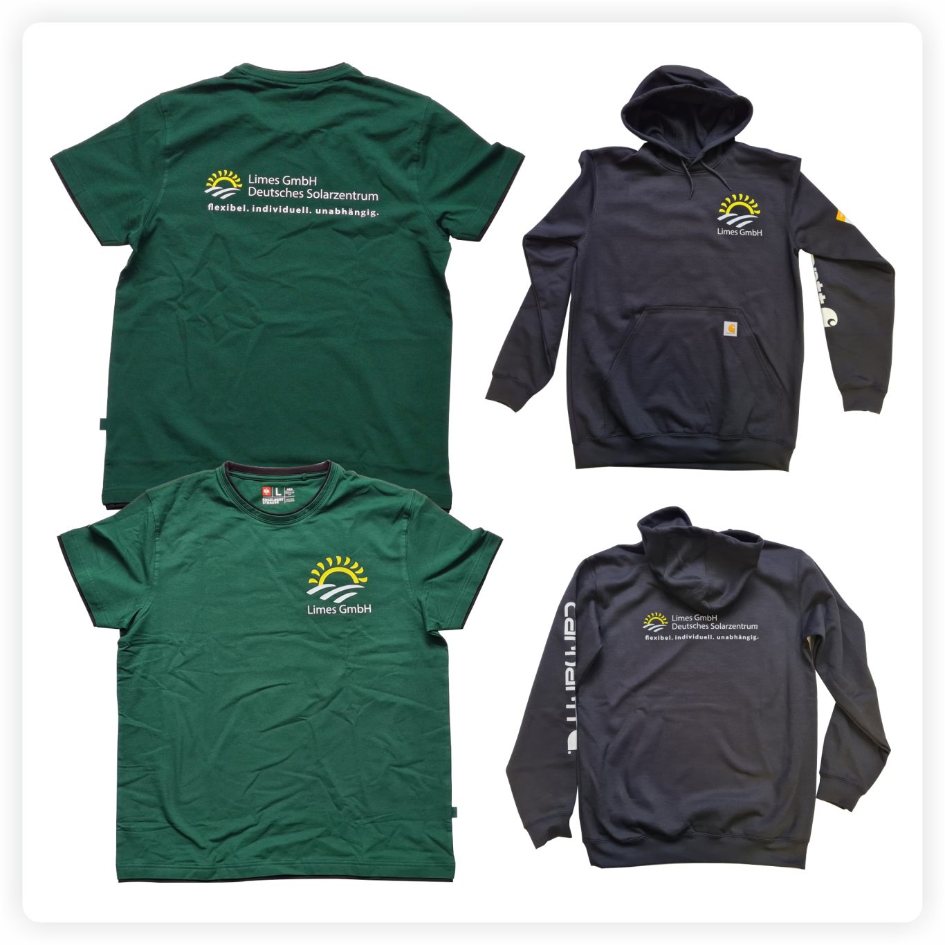 Logos und Motive auf Textilien T-Shirts und Hoodies mit individuell gestalteten Logos und Schriftzügen auf Brust, Rücken und Ärmel.