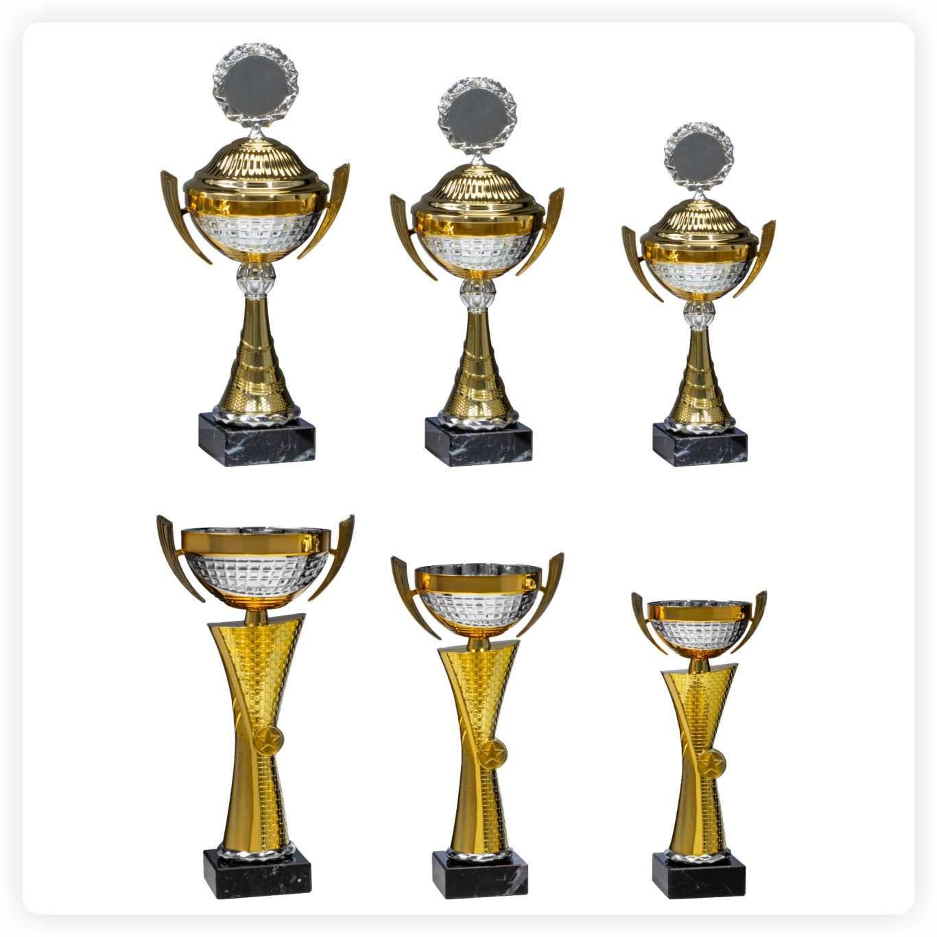 Henkelpokale Serie Mehrere Henkelpokale und Kelchpokale in Gold und Silber in verschiedenen Größen