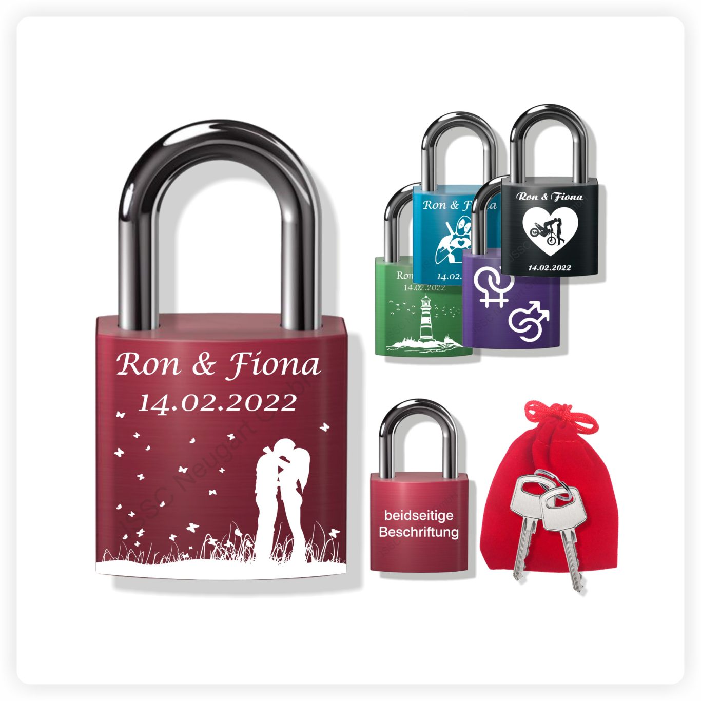 Liebesschloss rot Rotes Liebesschloss mit weiß gelaserter Gravur von Paarmotiv und Datum