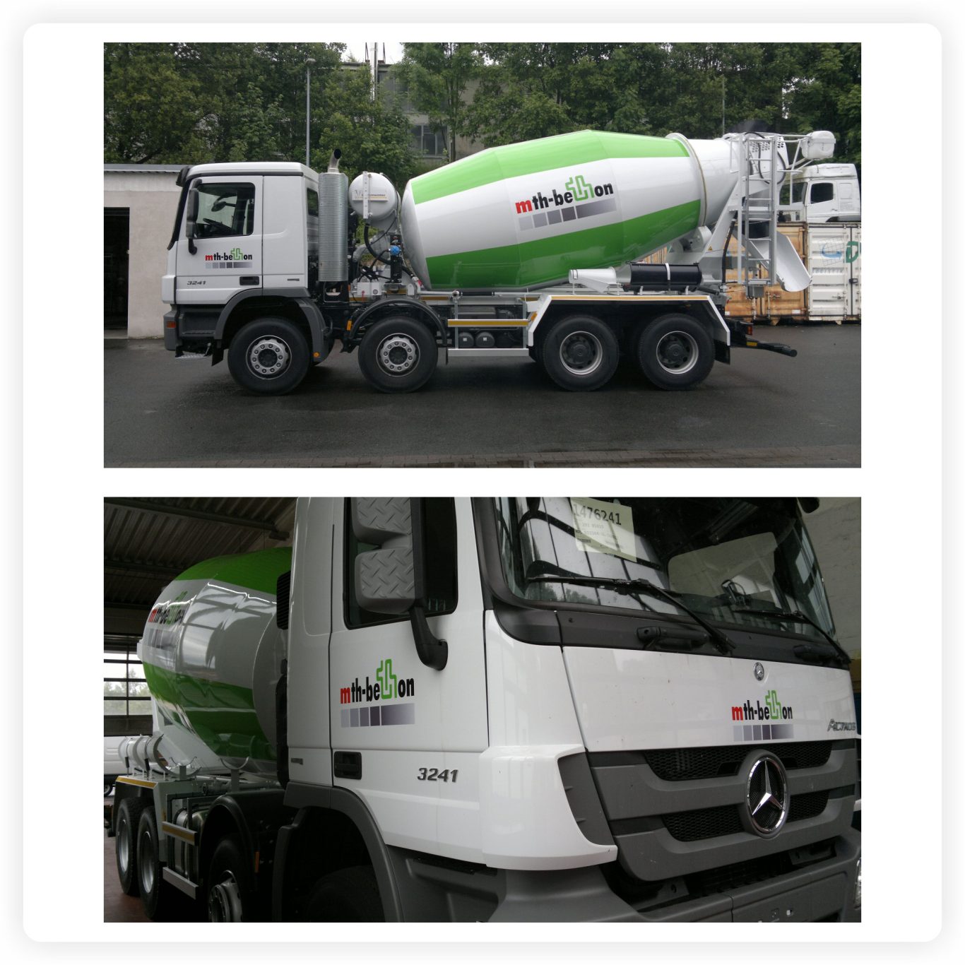 LKW-Beschriftung Betonmischer Betonmischer-LKW mit Firmenlogo auf Fahrerhaus und großflächiger grün-weißer Gestaltung der Mischtrommel.
