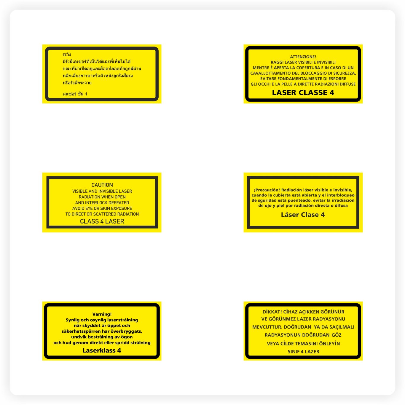 Laserkennzeichnung Hinweise Laserwarnschilder Klasse 4 in mehreren Sprachen mit Sicherheitshinweisen