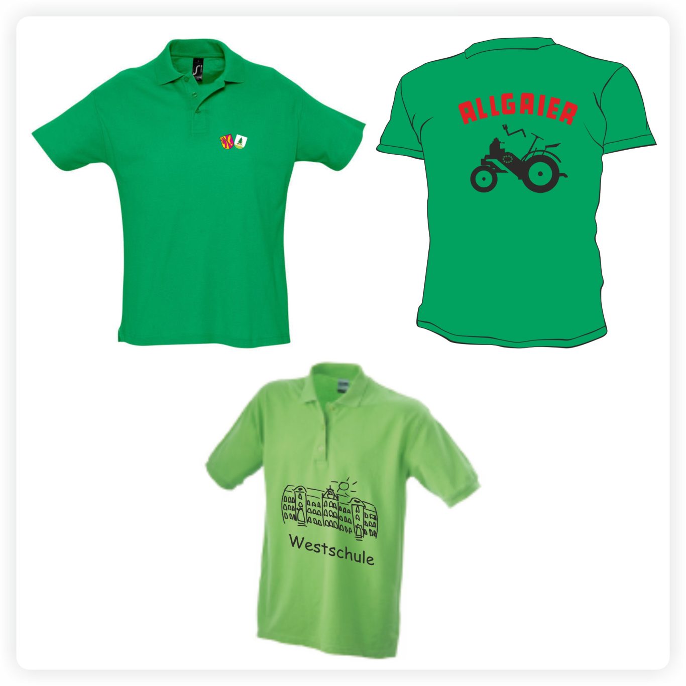 Poloshirts für Vereine & Schule Grüne Poloshirts mit individuellen Wappen, Schriftzügen und Vereinsmotiven für Schule und Dorfgemeinschaft.