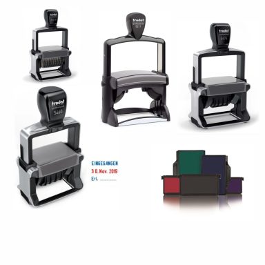 Trodat Professional Stativstempel, Datumsstempel und Farbkissen in verschiedenen Ausführungen.