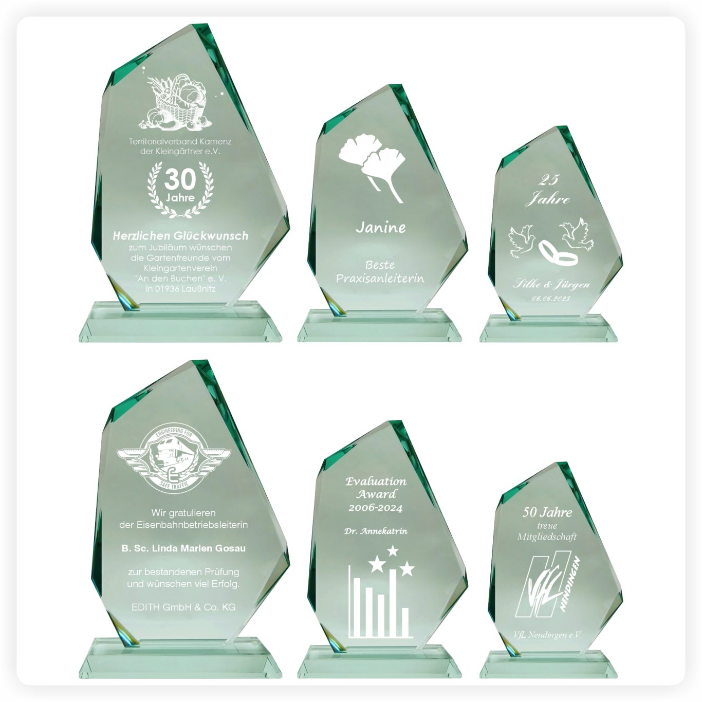 Glaspokale mit Lasergravur Glaspokale mit weißer Lasergravur inklusive Logos, Texten und Symbolen