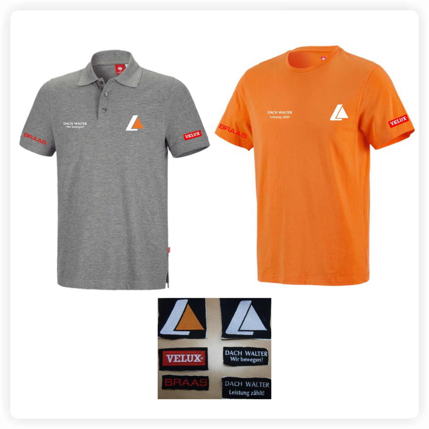 Berufsbekleidung mit Logo Poloshirt und T-Shirt mit Firmenlogo, Ärmelbeschriftung und Ansticken für ein Unternehmen.