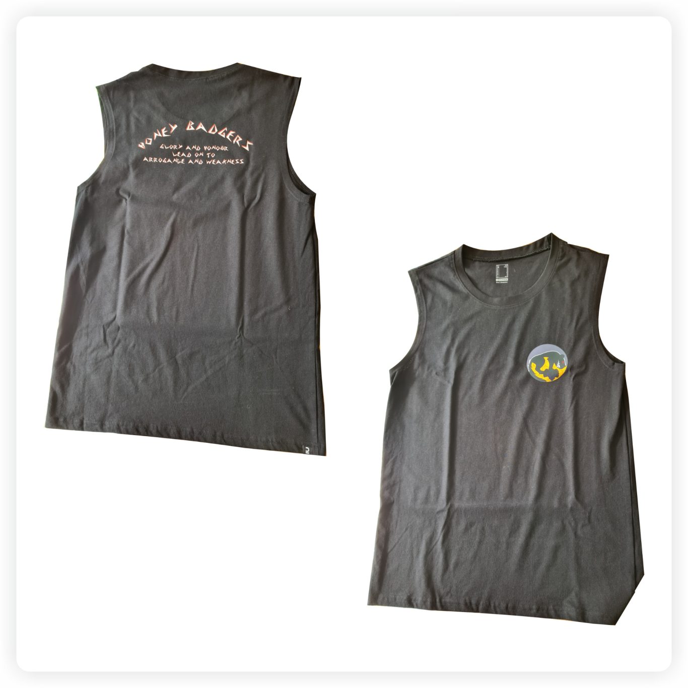 Clubshirts gestalten Schwarzes ärmelloses Shirt mit Brustlogo und individuellem Rückenaufdruck für einen Freizeitclub.