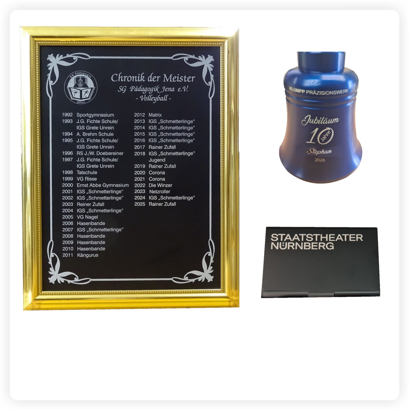 Aluminium Geschenkartikel mit Gravur Gravierte Aluminium Ehrentafel, Nussknacker und Visitenkartenetui