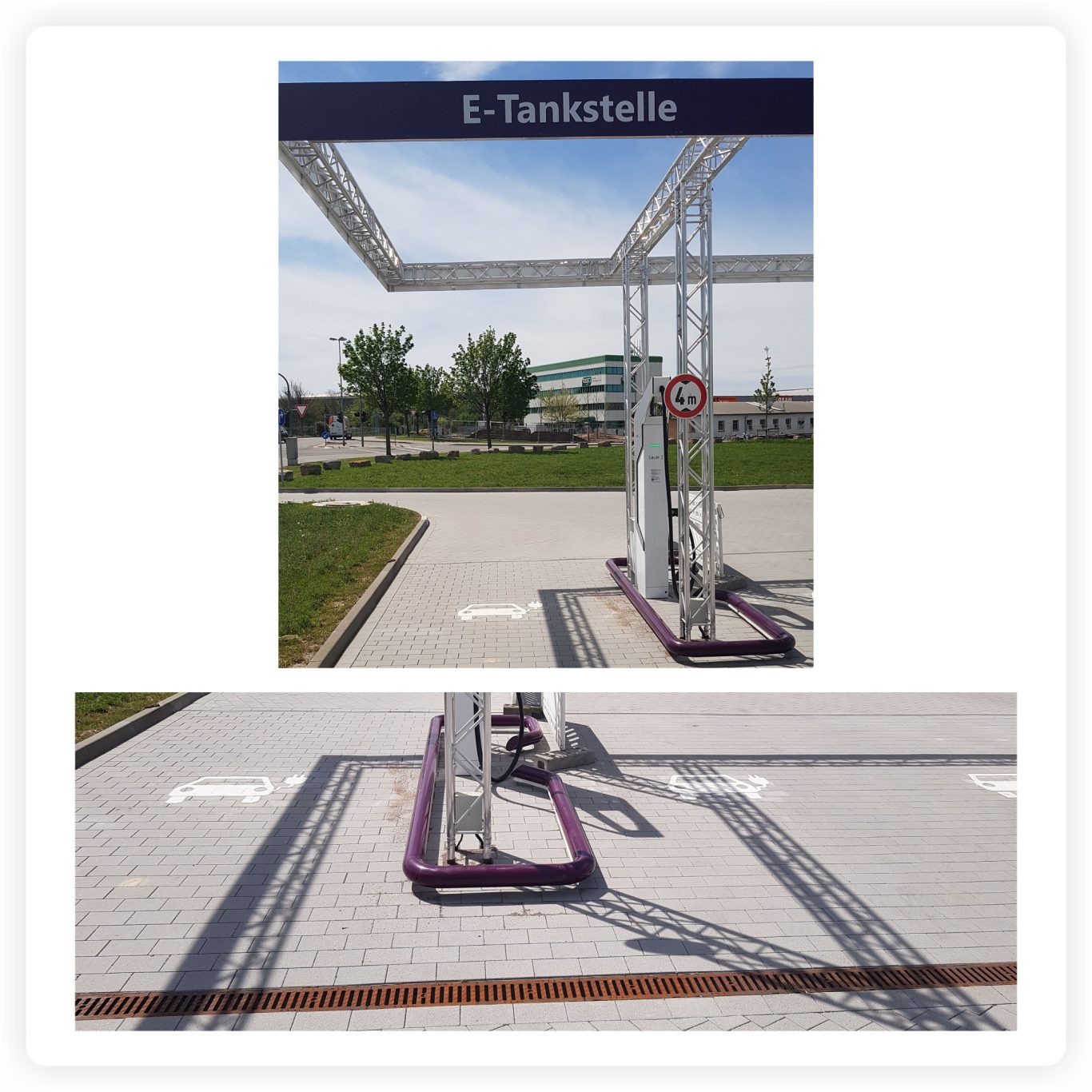 Bodenmarkierung für E-Ladestation in Erfurt Weiße Fahrzeug-Symbole zur Kennzeichnung von Stellplätzen an einer E-Ladestation in Erfurt