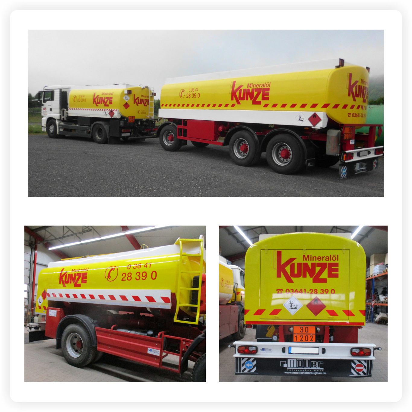 LKW-Beschriftung Mineralöltransport Tanklastwagen und Tankanhänger mit großflächiger Firmenbeschriftung, Logo, Kontaktdaten und Warnmarkierungen.